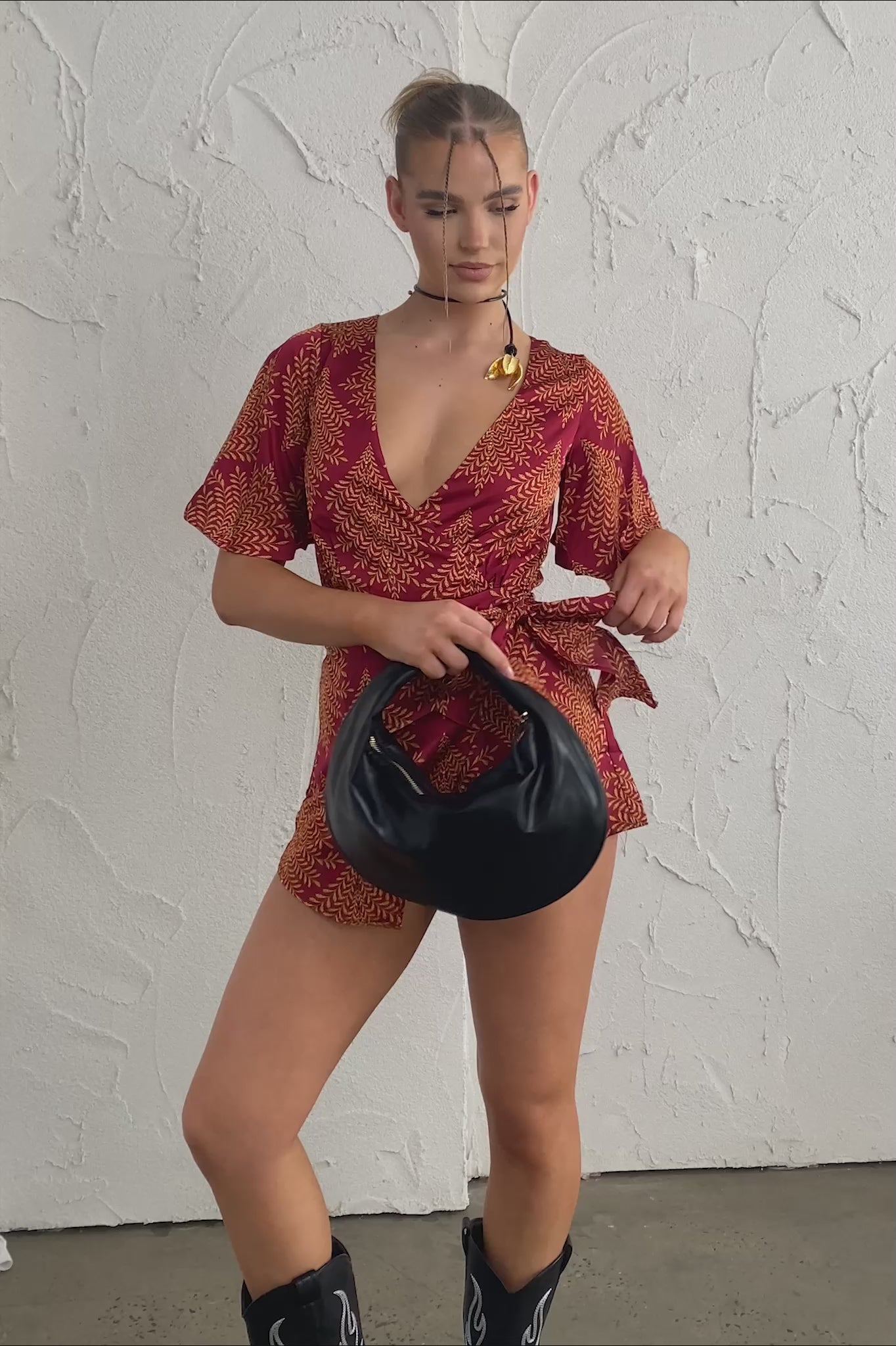 Nadi V-Neckline Wrap Romper Leaf Print Wine