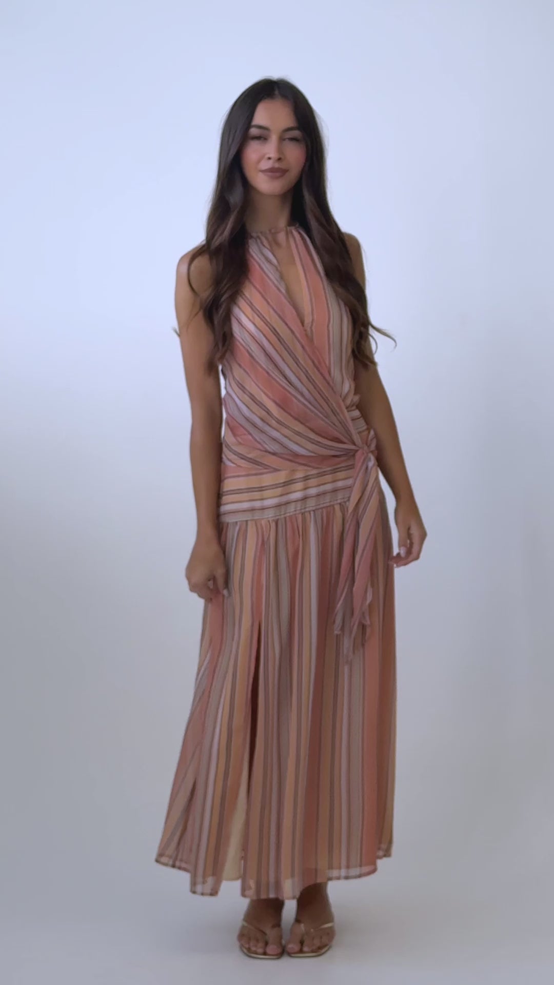 Indigo Morning Tied Back Maxi Dress Stripe Sunset