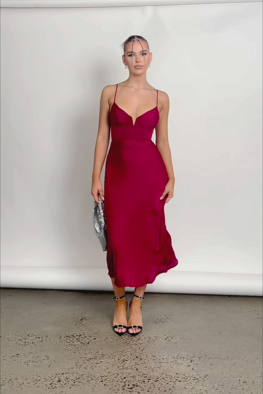 Lake Como Fitted Bodice Cami Strap Midi Dress Cherry