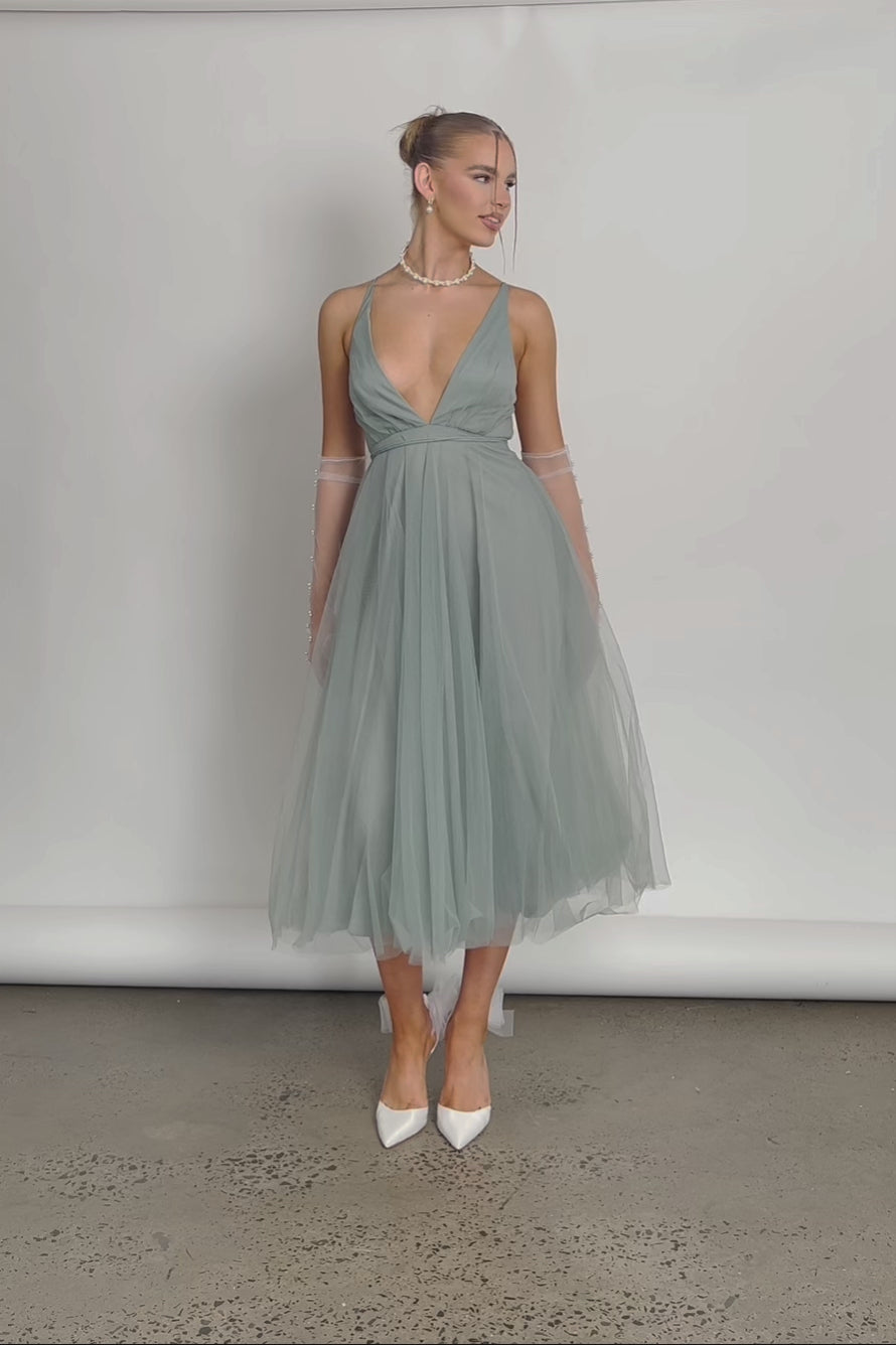 Floating By Plunging Neckline Mesh Overlay Midi Dress Sage