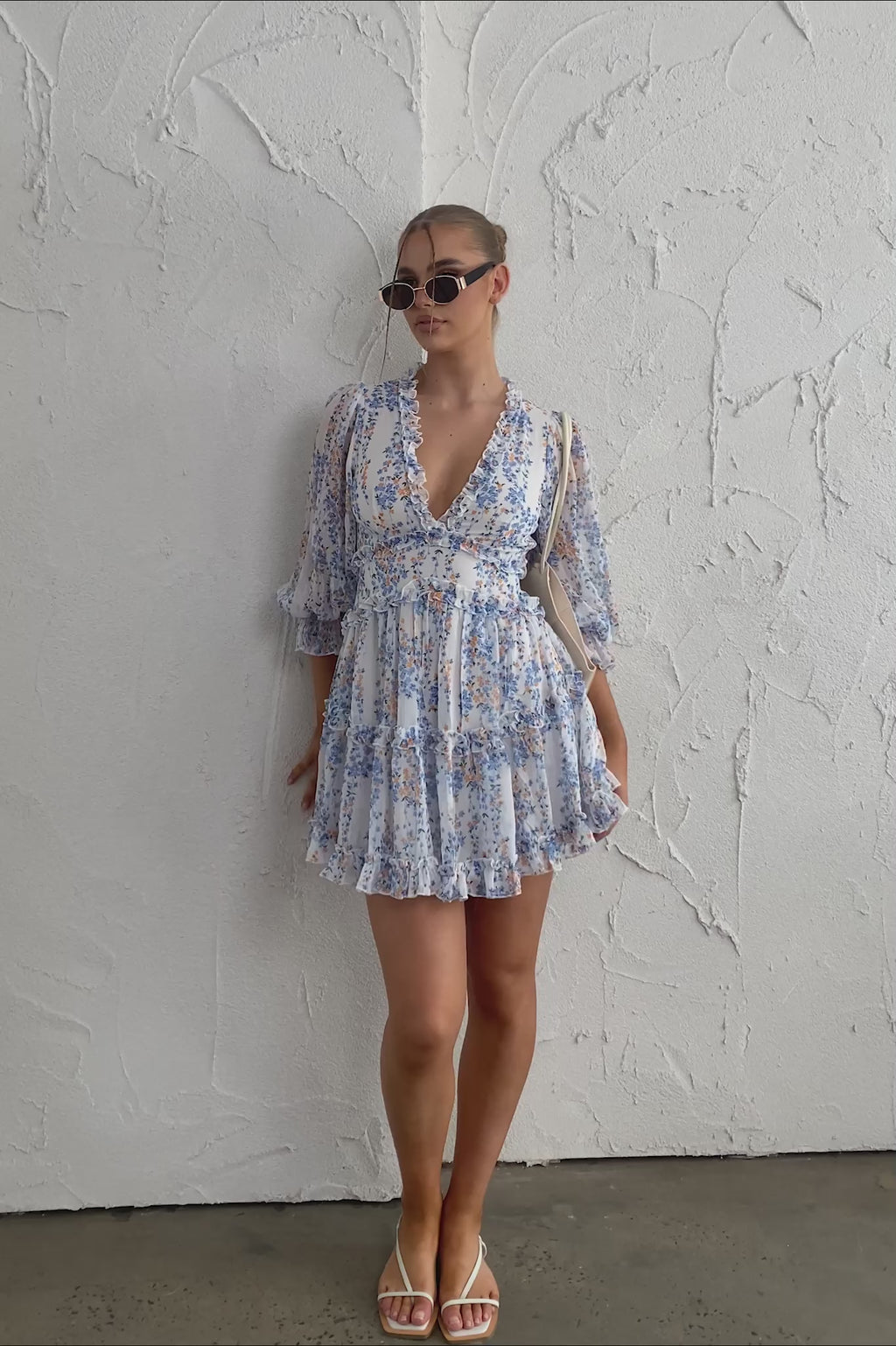 Laney Cutout Back Ruffle Detail Floral Dress White