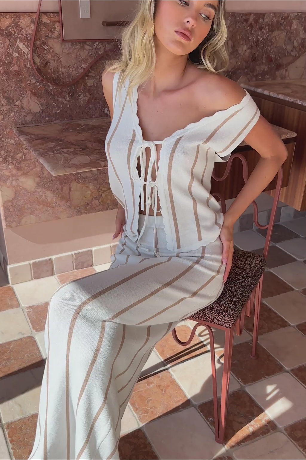 Aster Striped Maxi Knit Skirt Beige