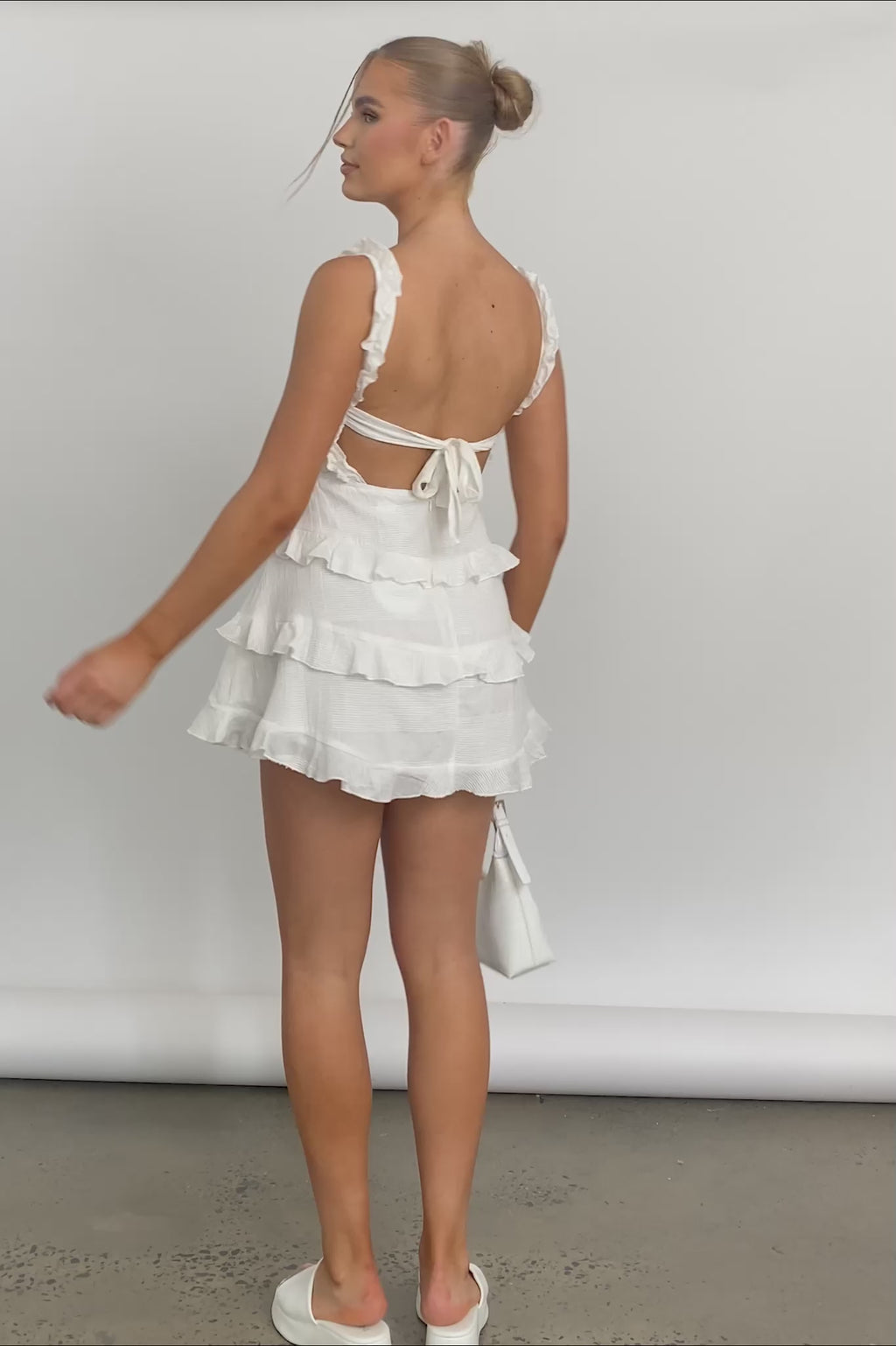 Byron Shirred Bust Frill Strap Dress White