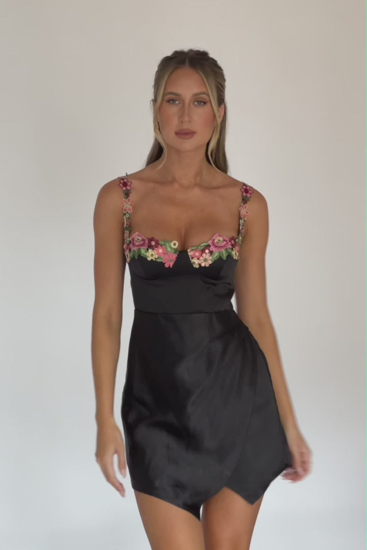 Rose Garden Floral Applique Wrap Mini Dress Black