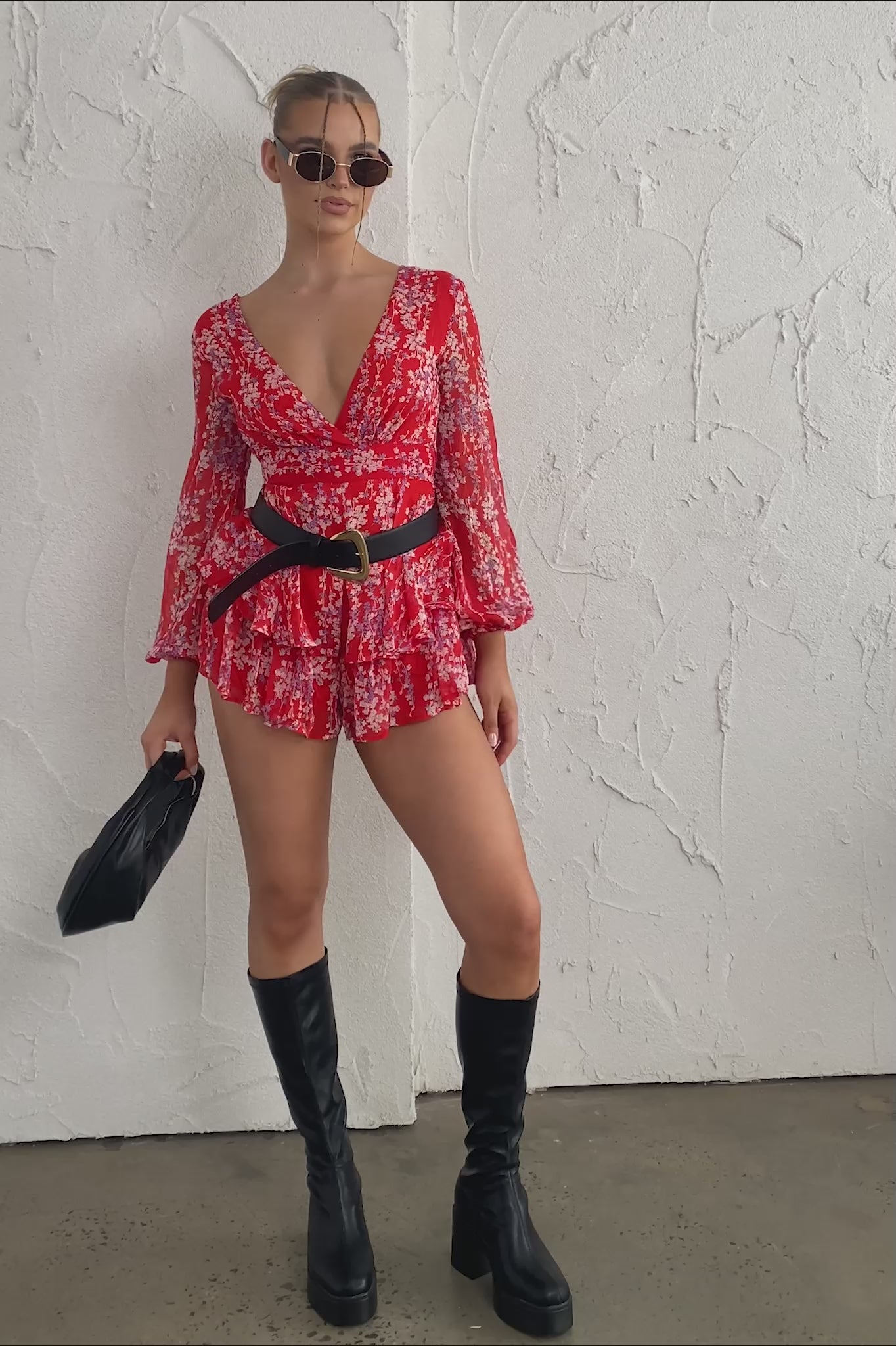 Maddox Fit & Flare Long Sleeve Romper Floral Vine Red