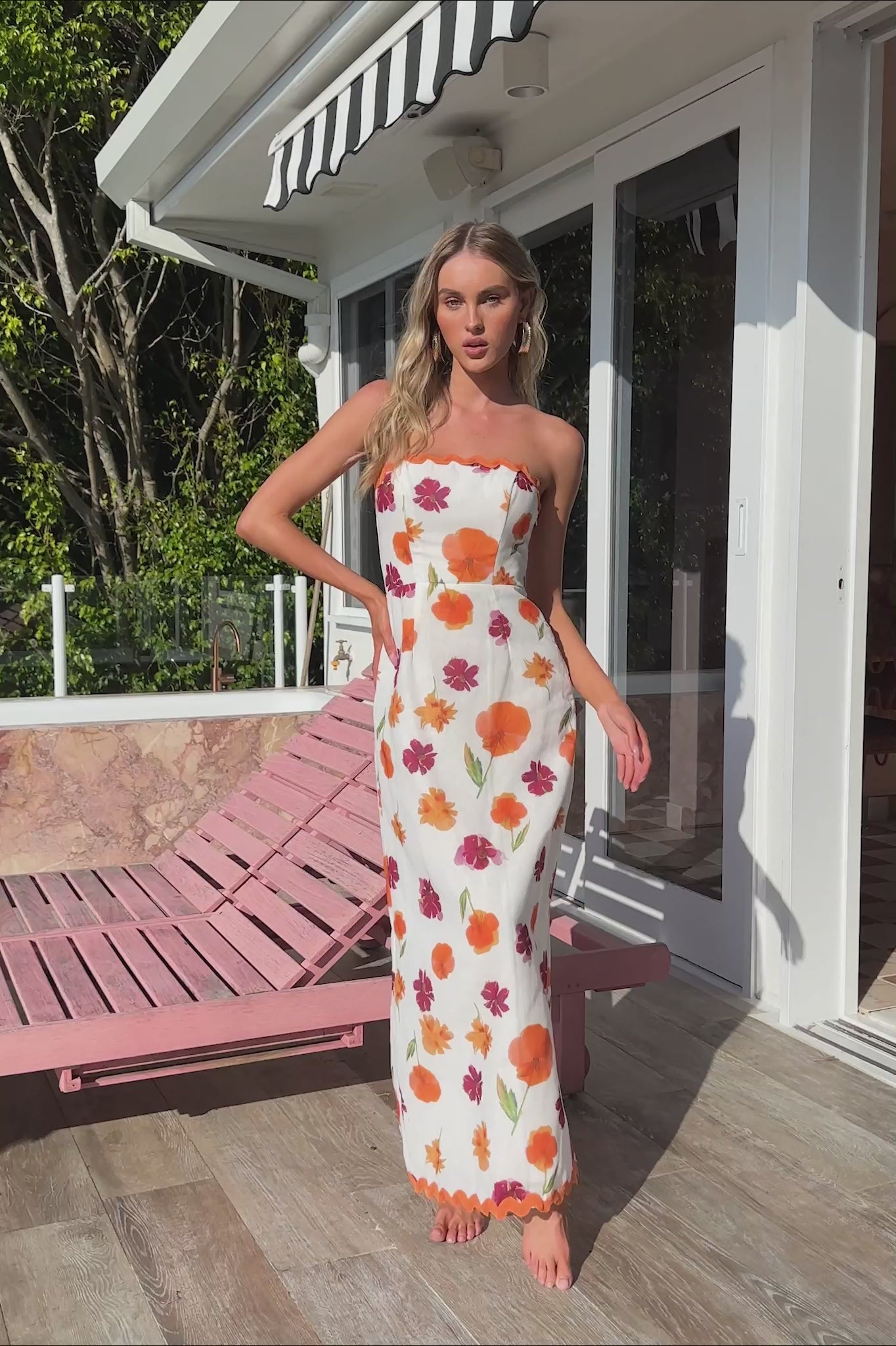 Cypress Ric Rac Trim Floral Strapless Maxi Dress Orange Multi