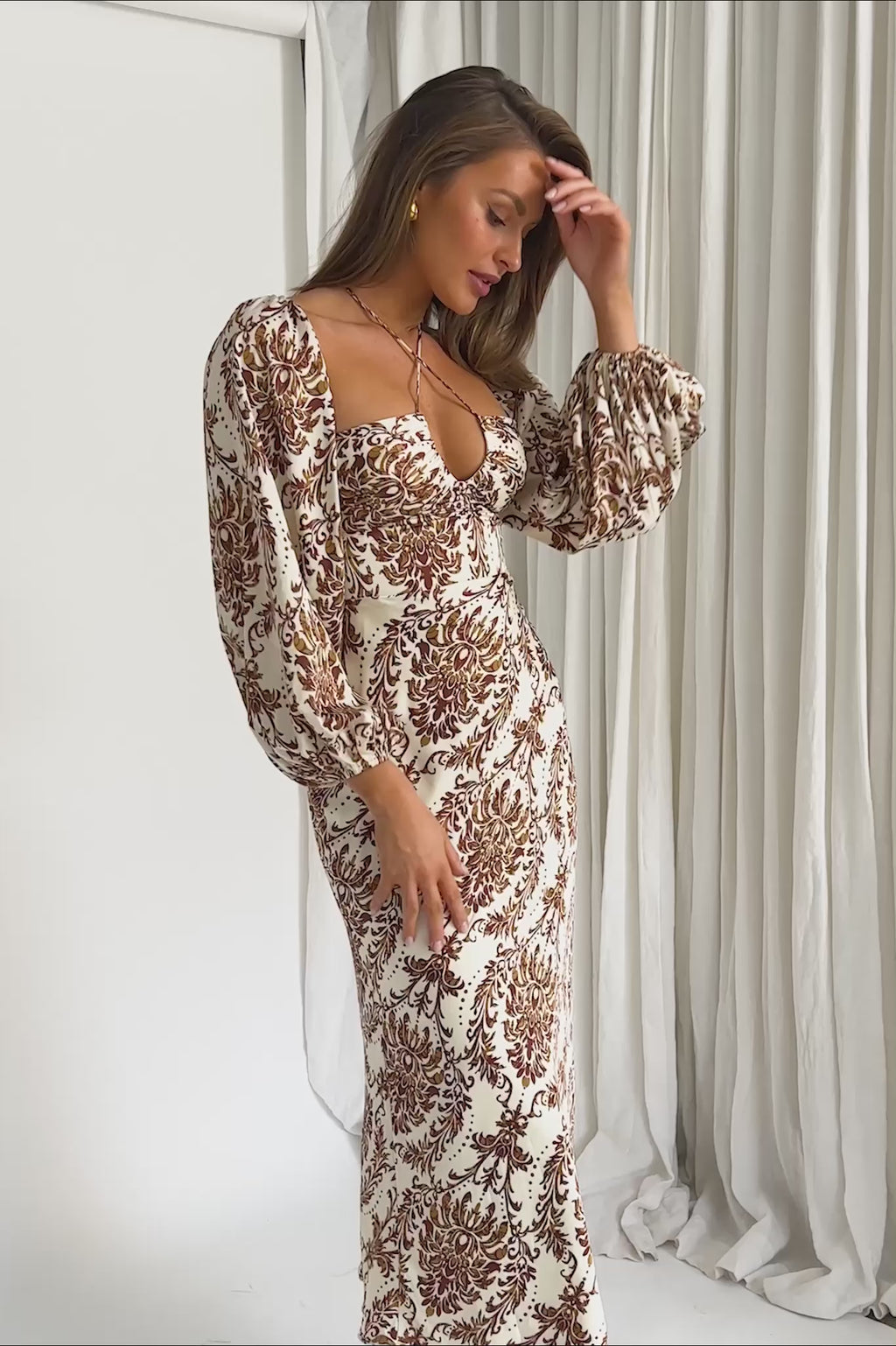 Nyree Long Sleeve Maxi Dress Floral Brown