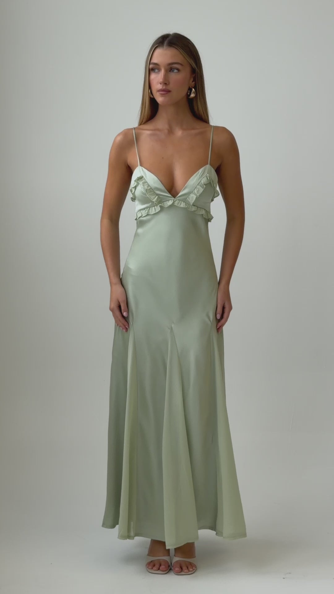 Caryn Frill Trim Godet Maxi Dress Sage