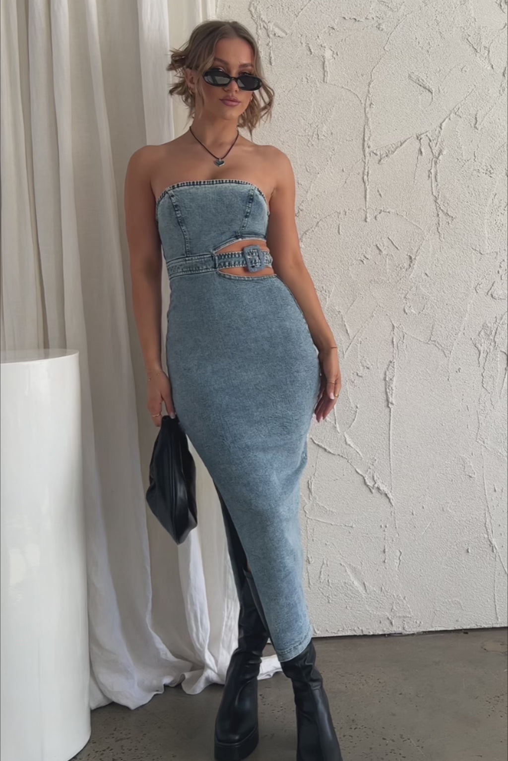 Glisten Cut-Out Buckle Waist Midi Dress Denim Blue