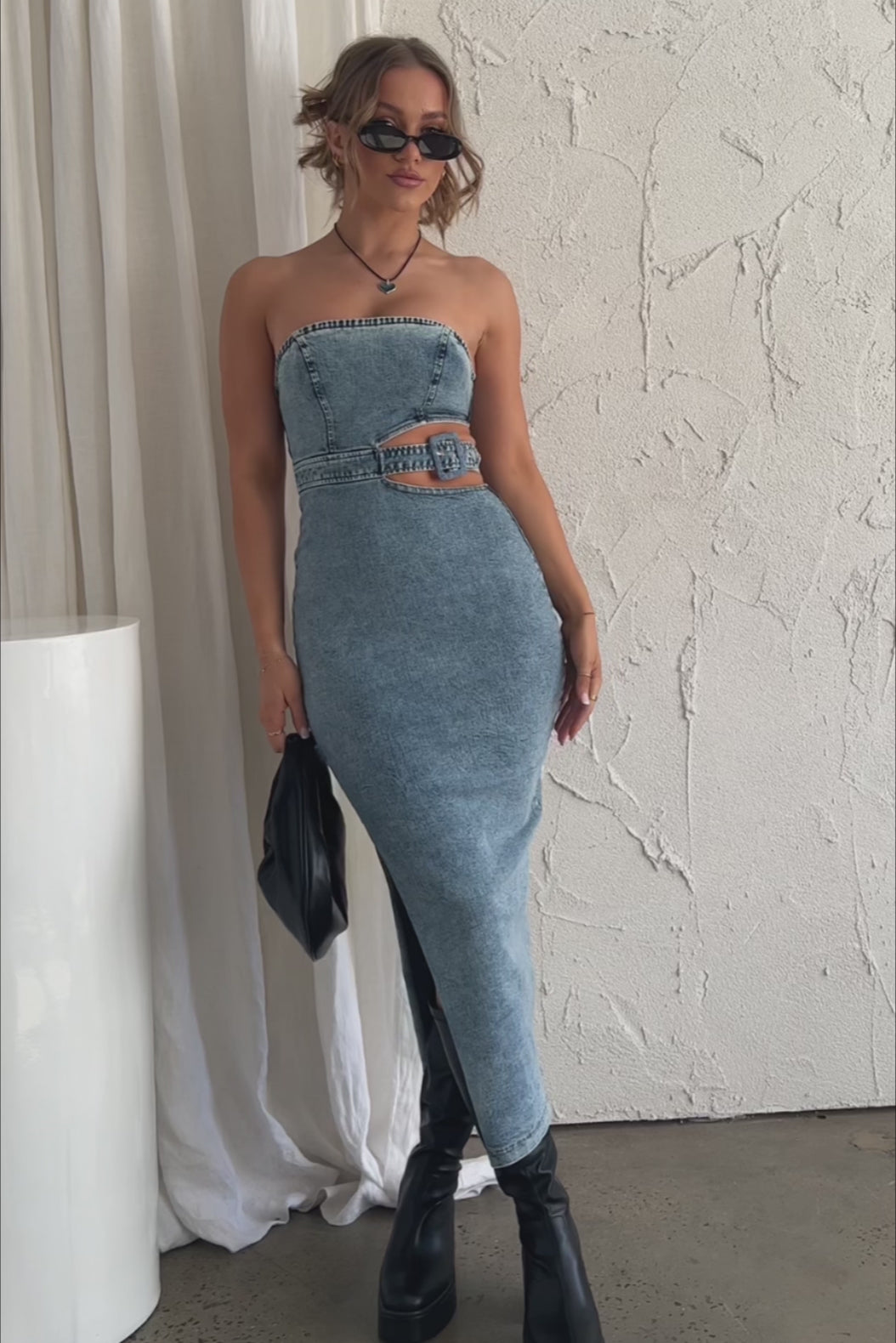Glisten Cut-Out Buckle Waist Midi Dress Denim Blue