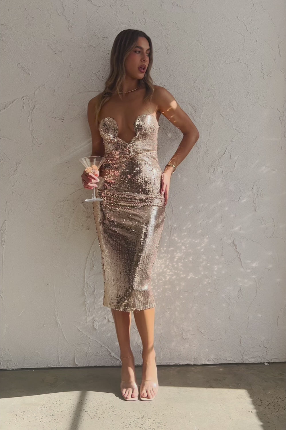 Encore Strapless Sequin Midi Dress Gold
