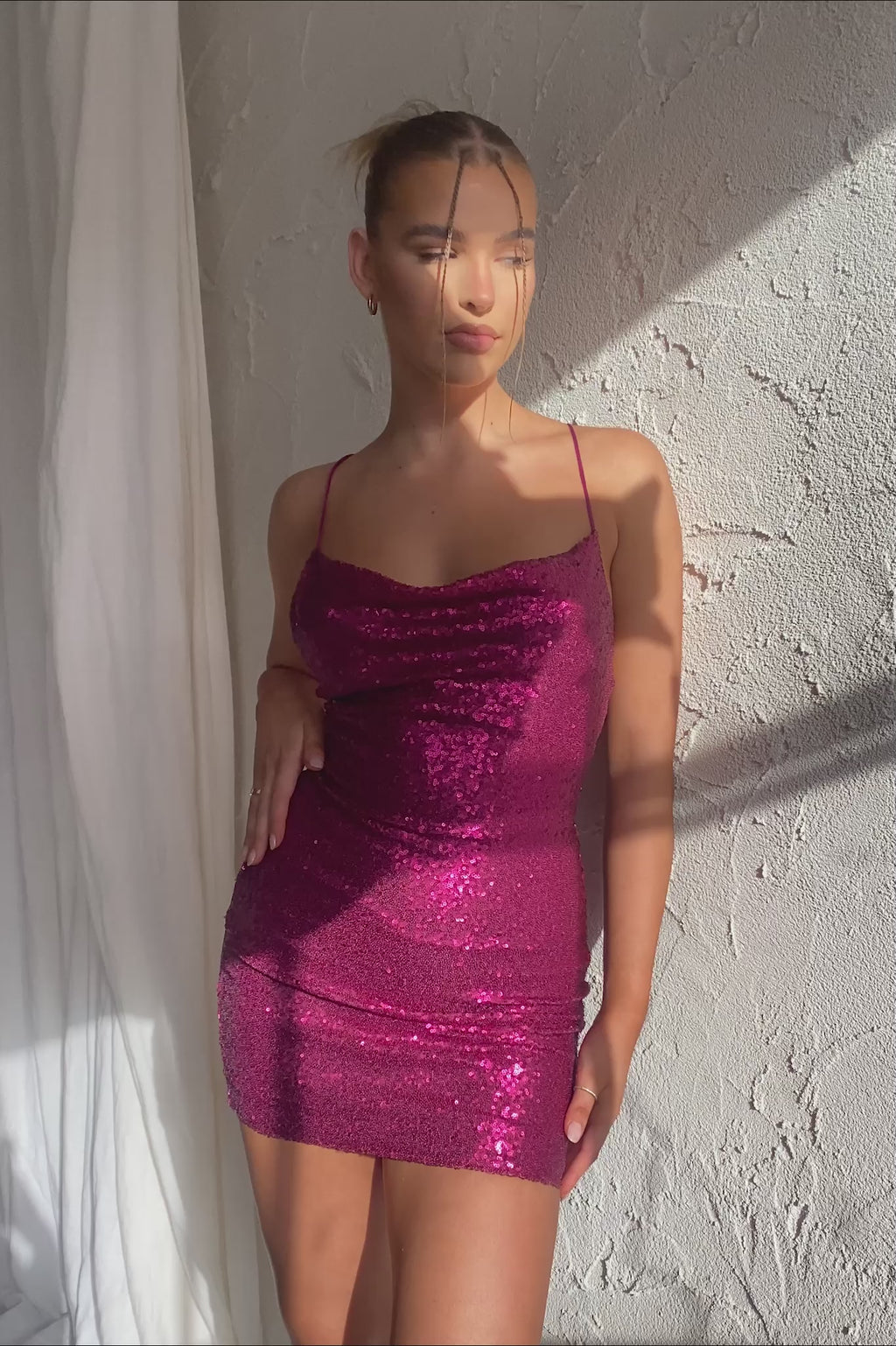Miami Nights Cowl Neck Sequin Mini Dress Fuchsia