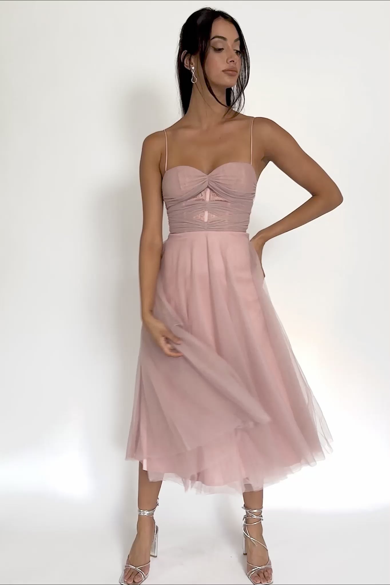 Smitten Lace Insert Tulle Midi Dress Blush
