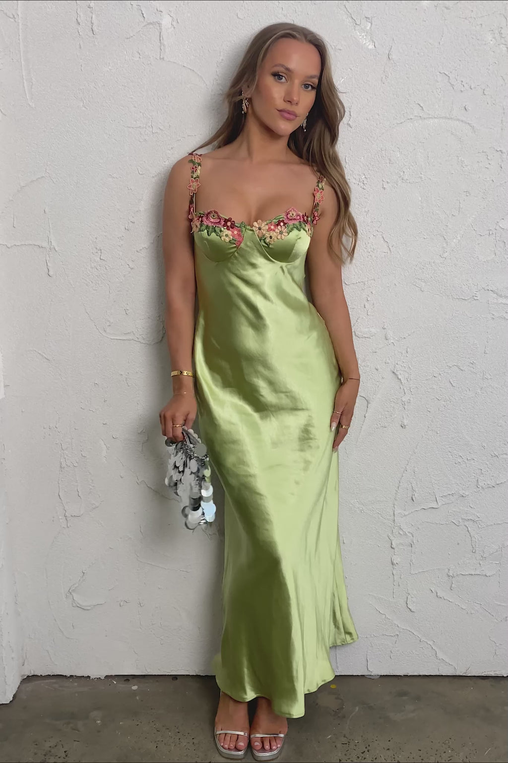 Rose Garden Floral Applique Midi Dress Lime