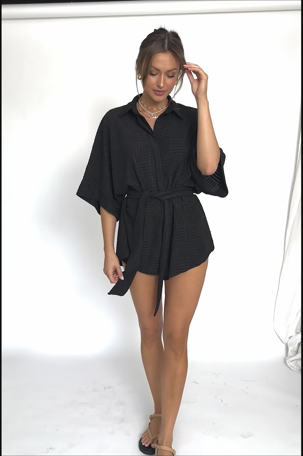 Daytona Beach Button-Up Romper Textured Black