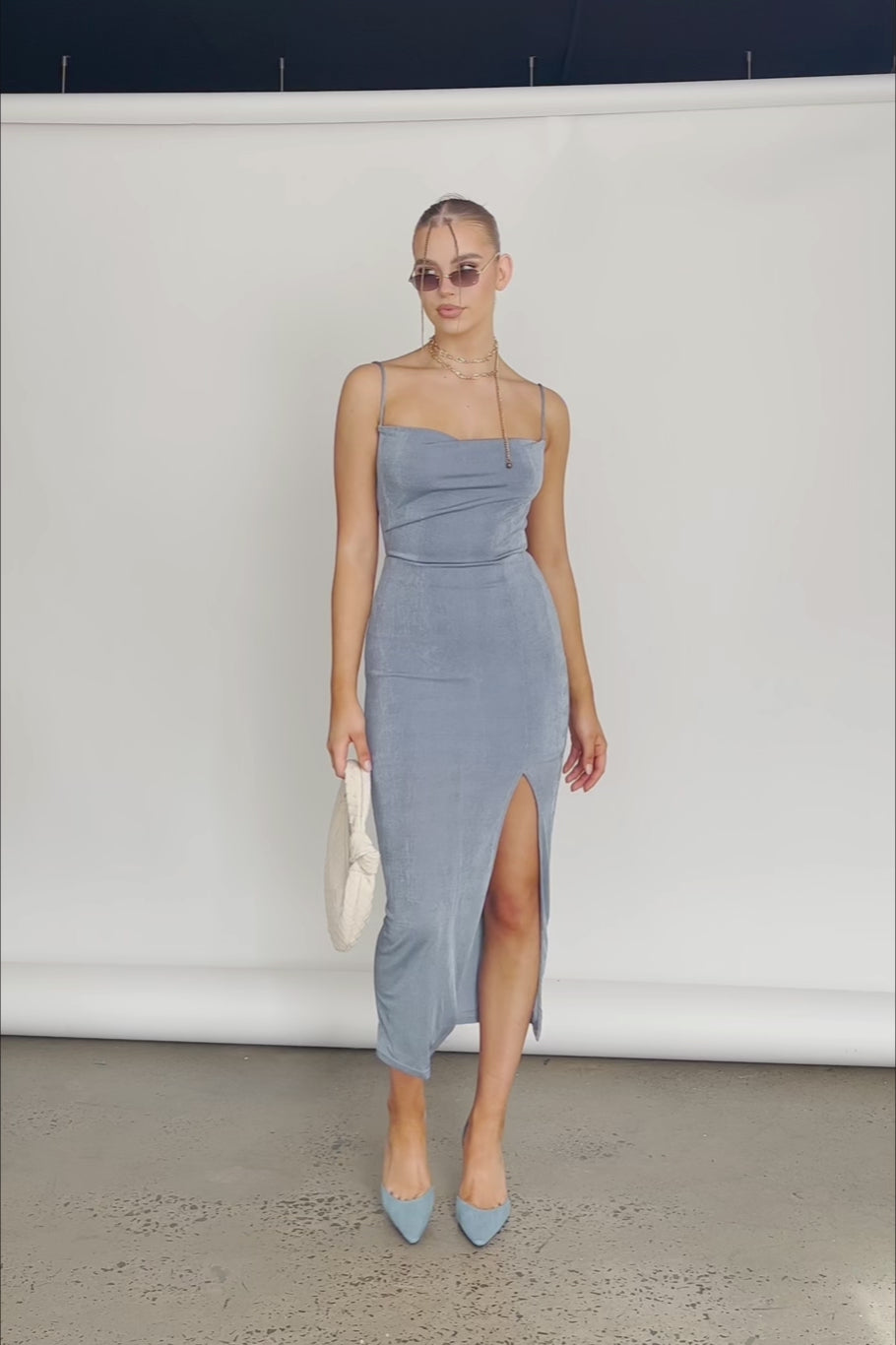 Frieda Cowl Neck Front Split Midi Dress Midnight Blue