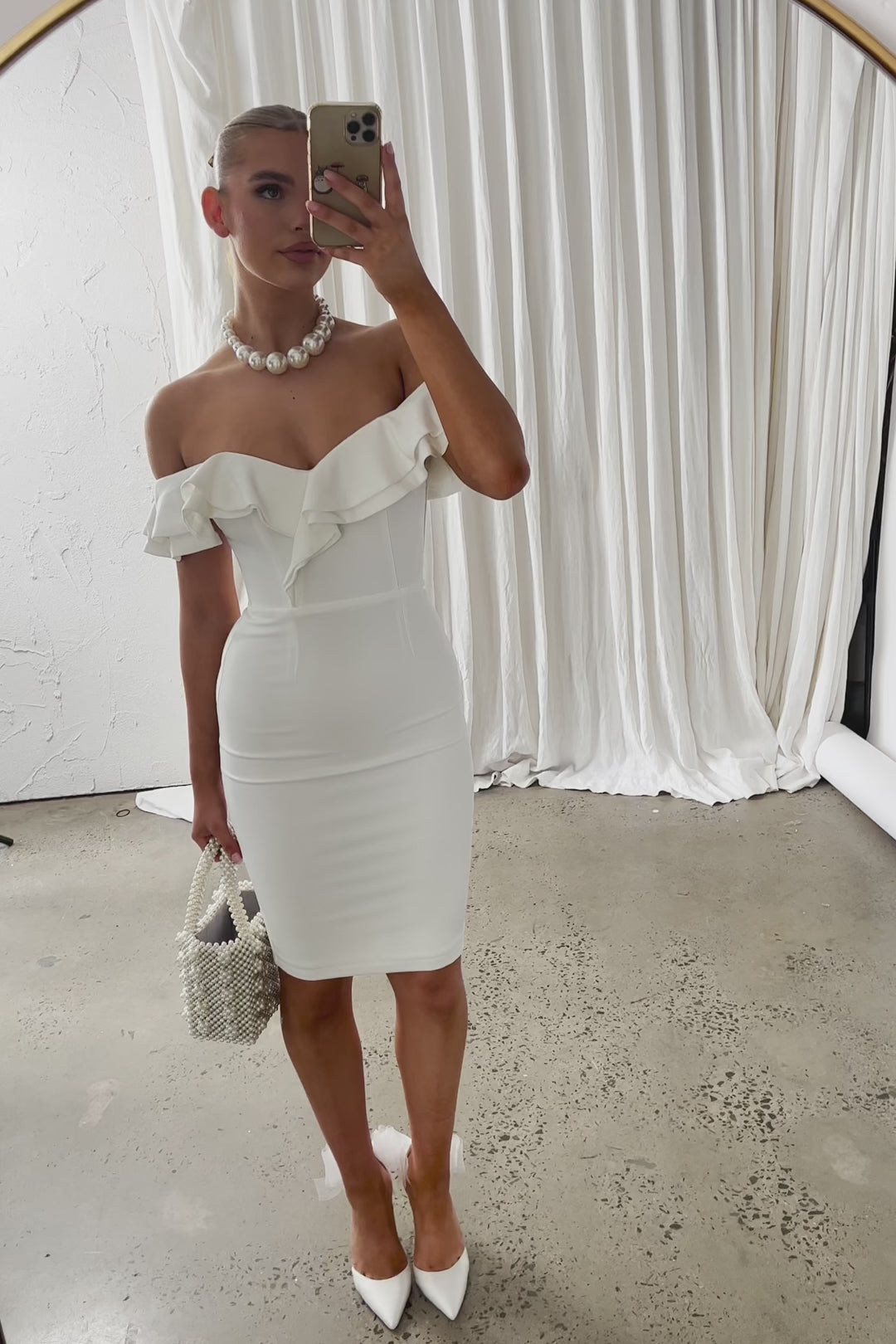 Rossi Ruffled Off The Shoulder Bodycon Dress White