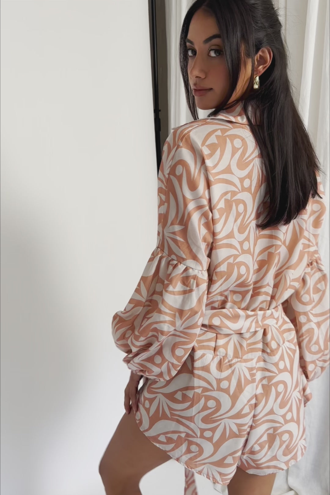 Daytona Beach Long Sleeve Shirt Romper Print Peach