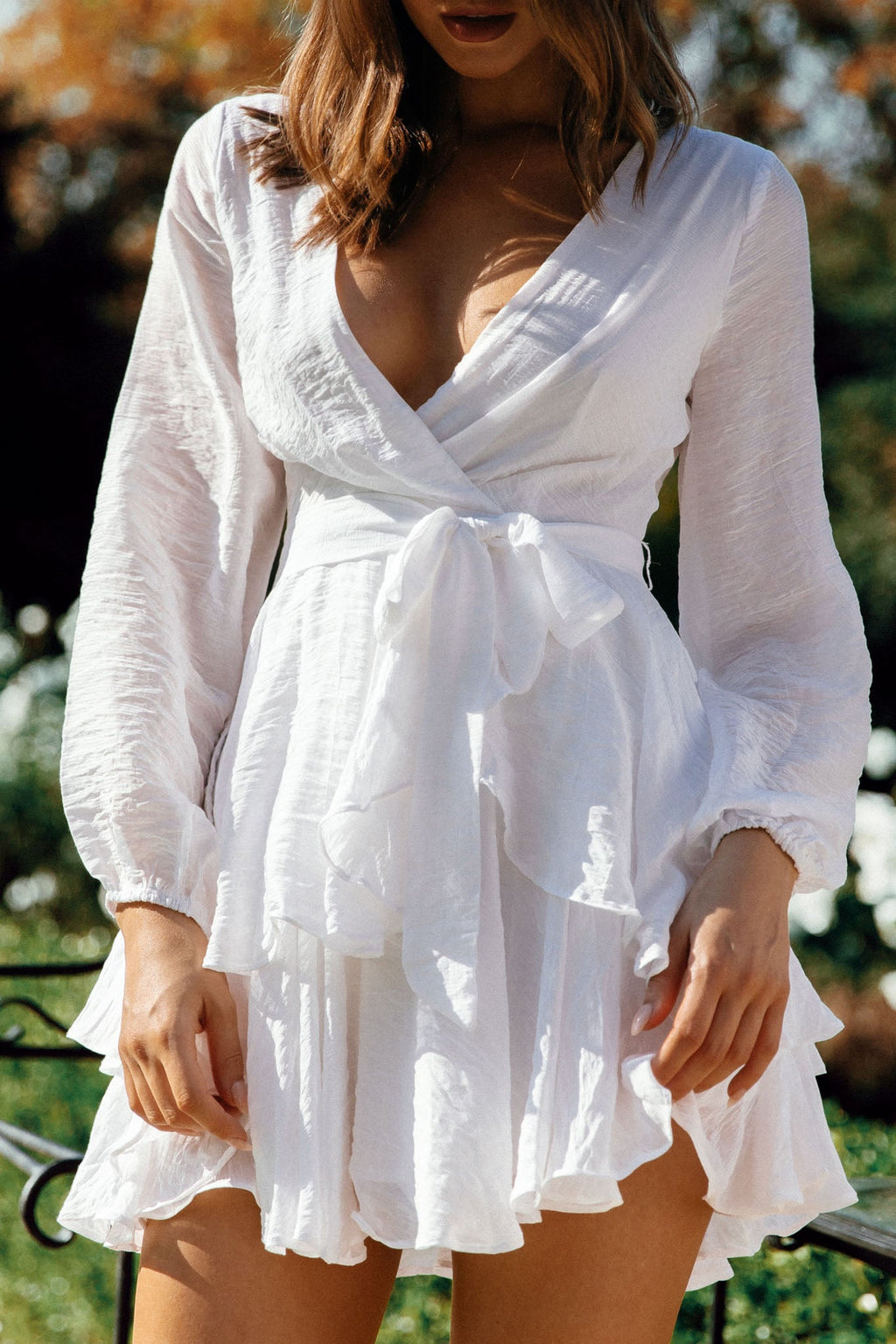 Believe Me Long Sleeve Surplice Neckline Dress White by Selfie Leslie