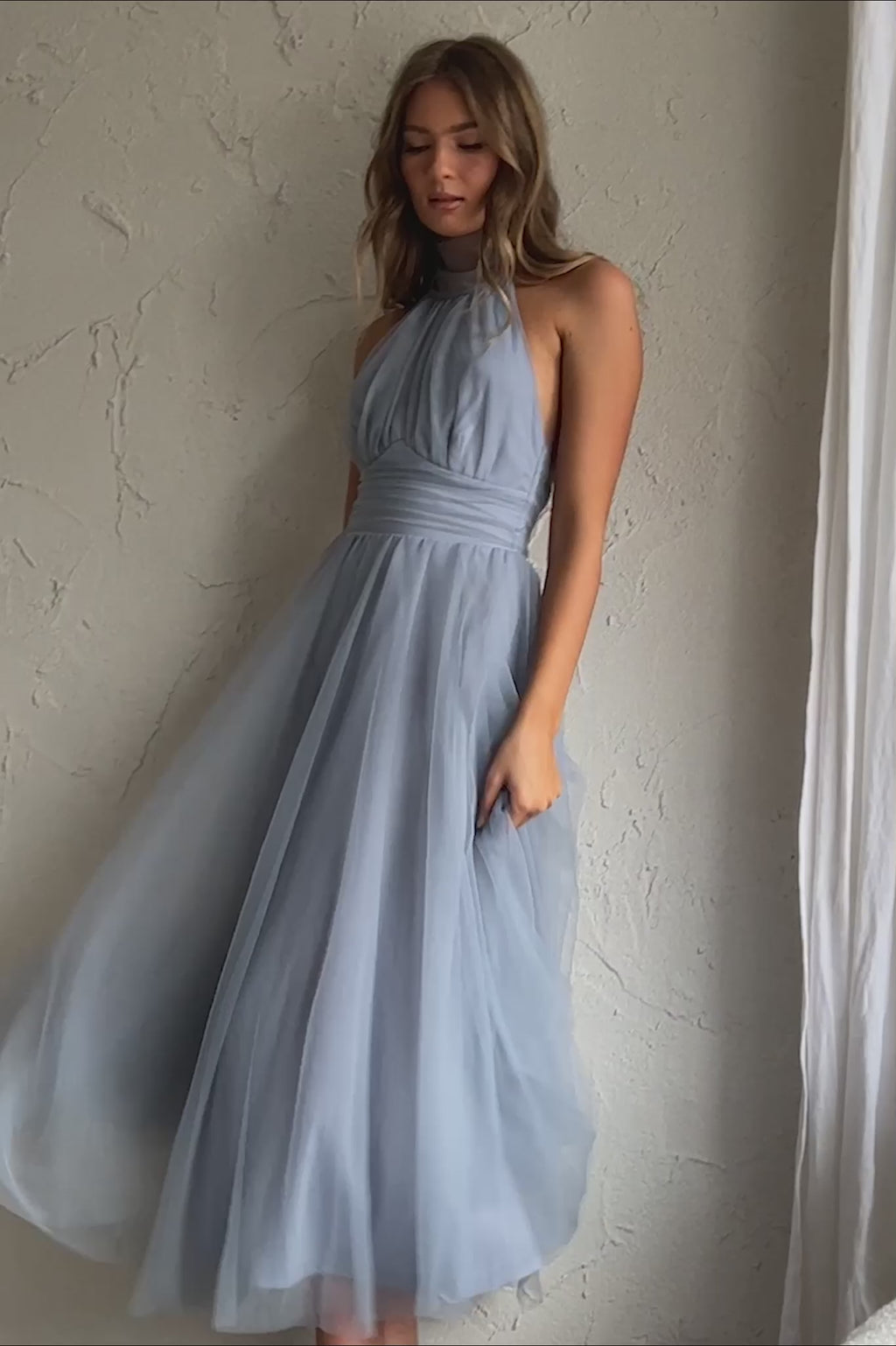 Andria Halterneck Tulle Midi Dress Blue