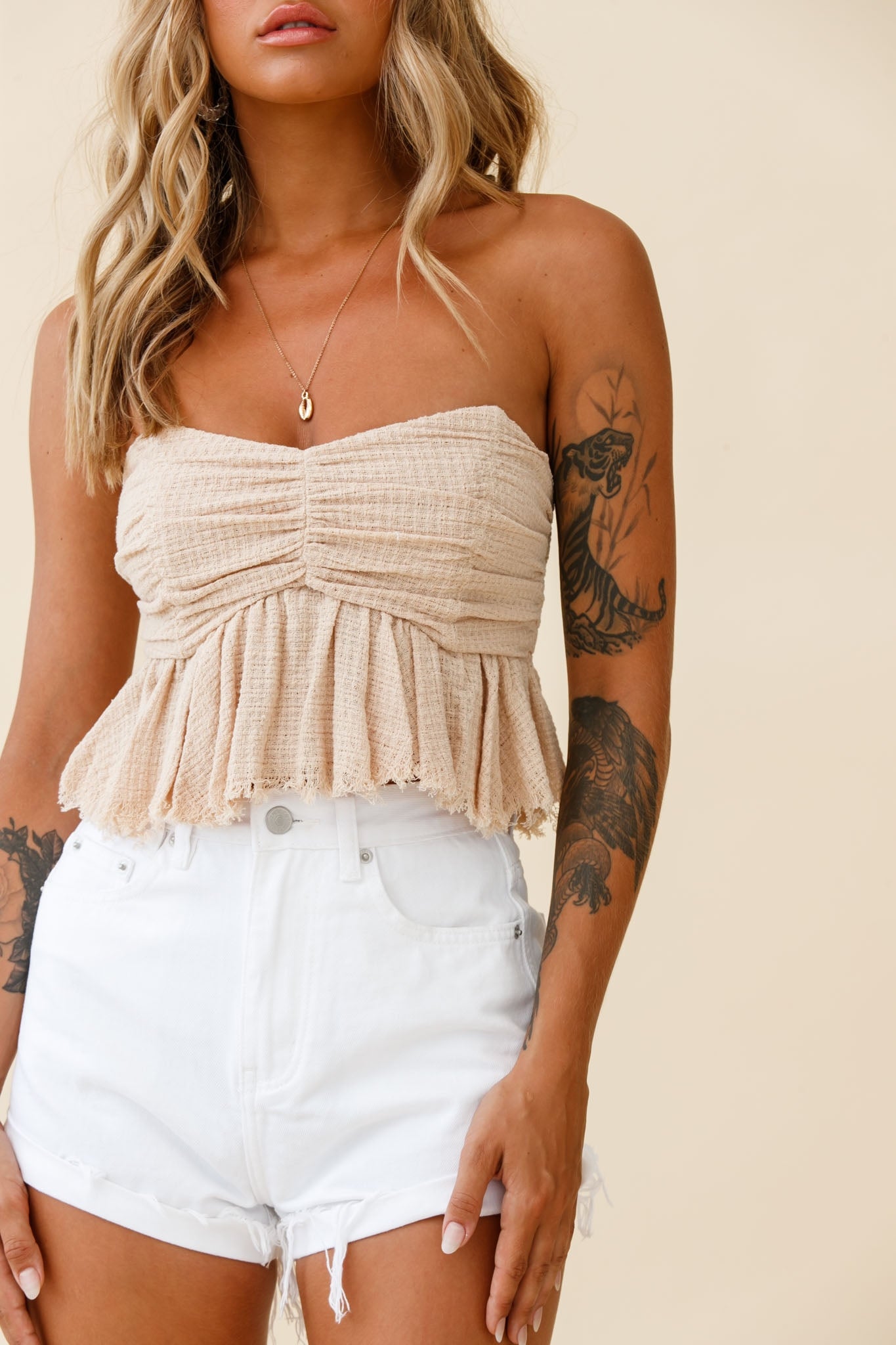 Anjelica Raw Edge Crop Top Beige by Selfie Leslie