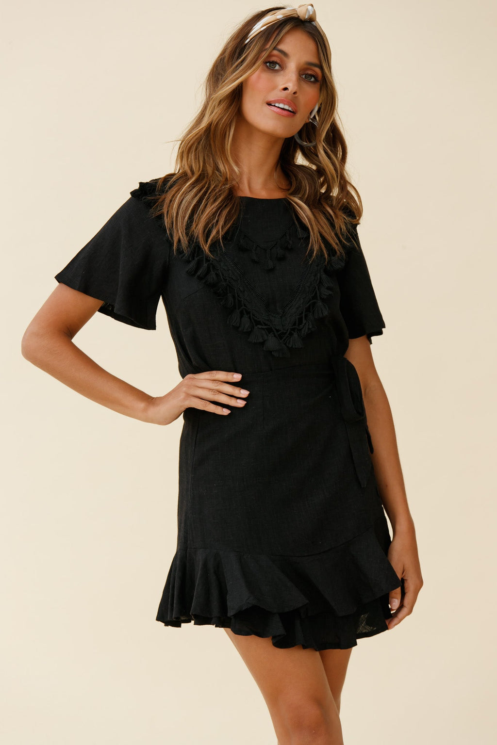 Angelique Tassel Bust Wrap Bottom Dress Black by Selfie Leslie