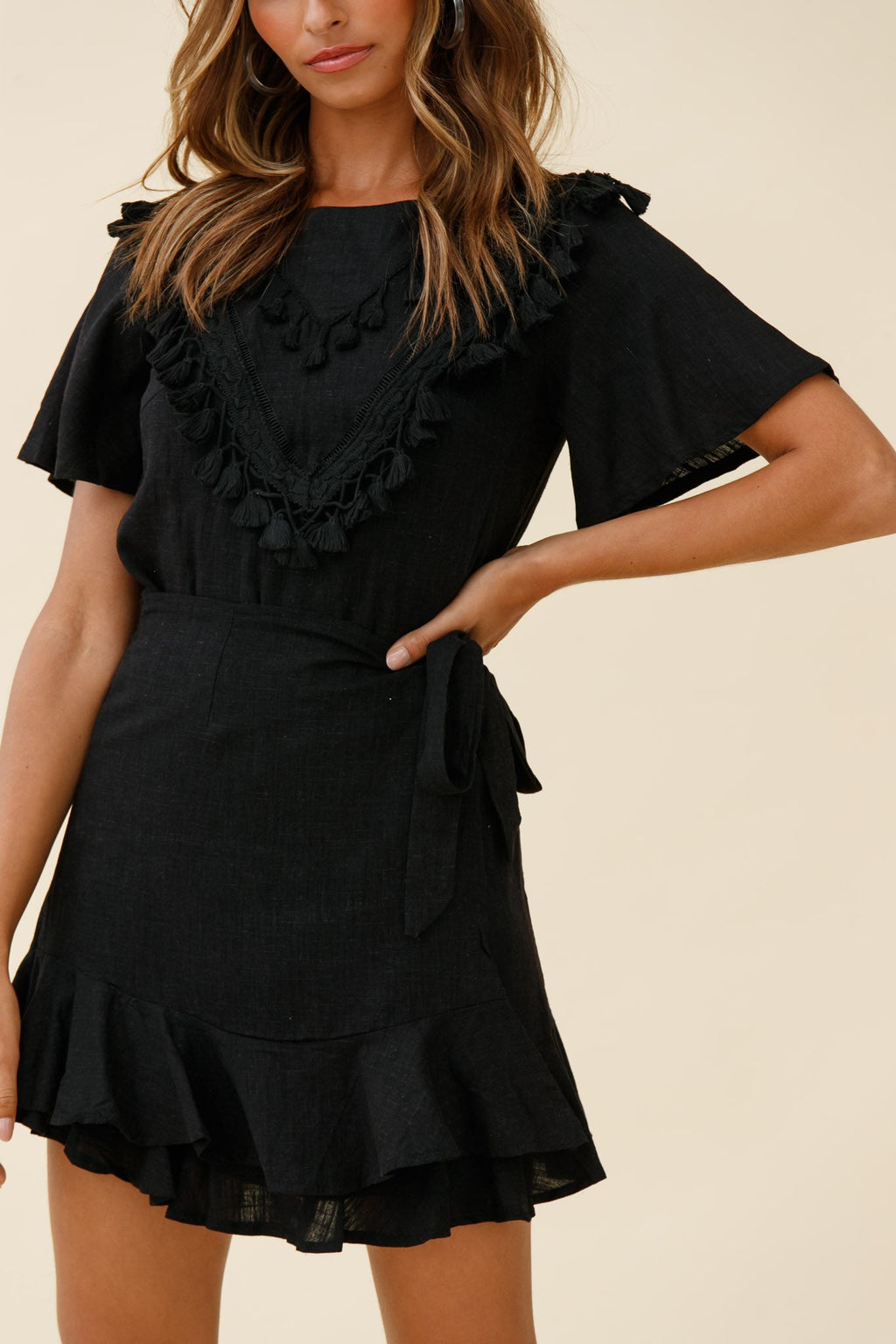 Angelique Tassel Bust Wrap Bottom Dress Black by Selfie Leslie
