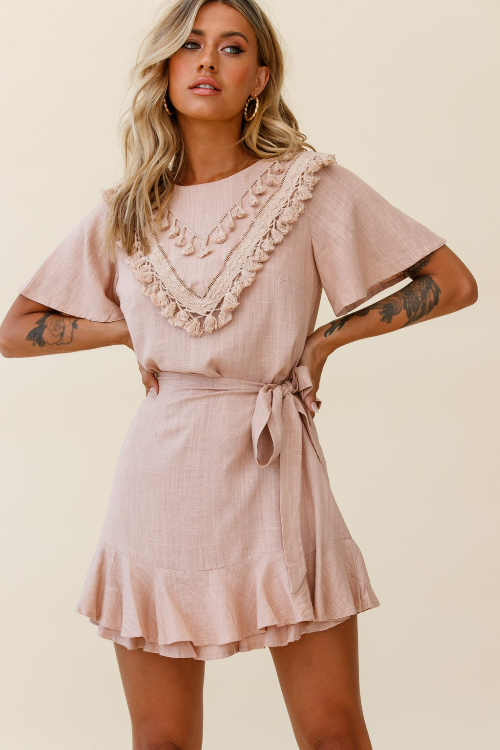 Angelique Tassel Bust Wrap Bottom Dress Mocha by Selfie Leslie