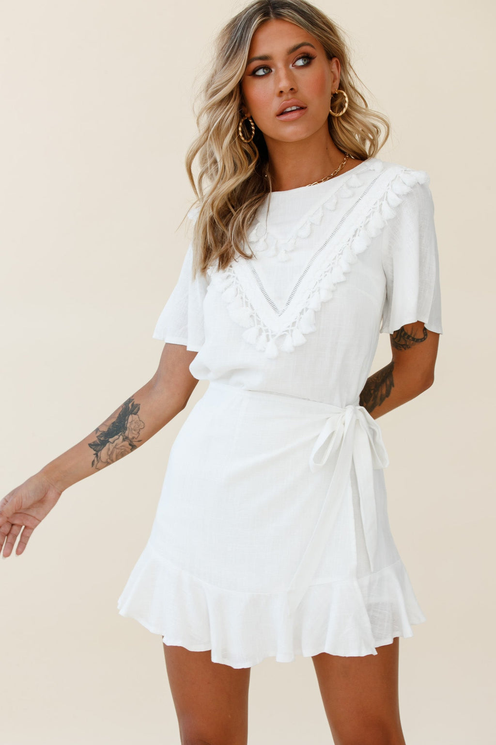 Angelique Tassel Bust Wrap Bottom Dress White by Selfie Leslie