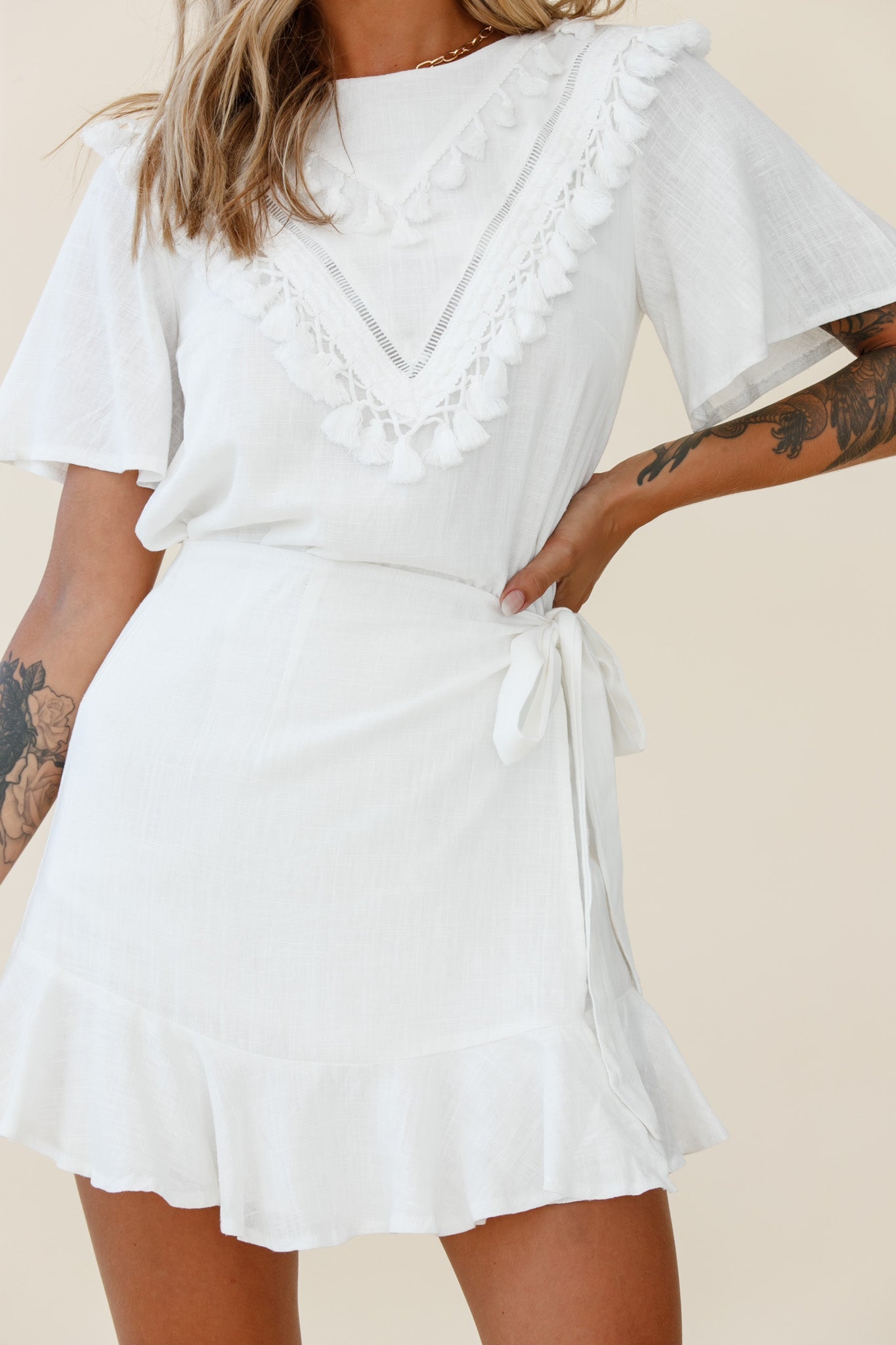 Angelique Tassel Bust Wrap Bottom Dress White by Selfie Leslie