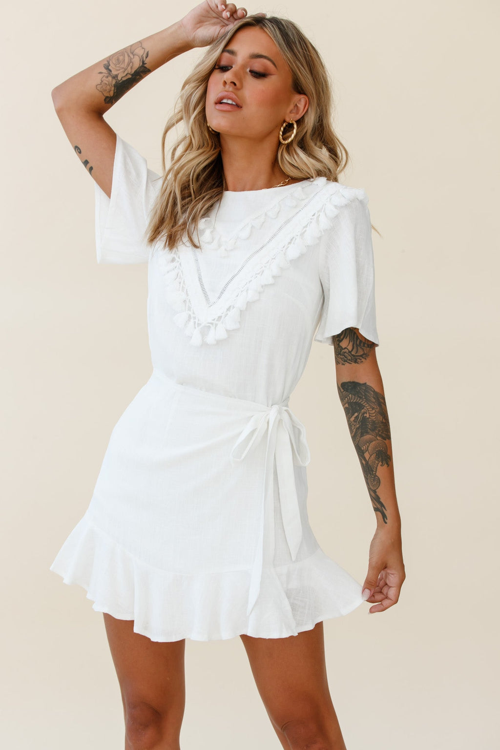 Angelique Tassel Bust Wrap Bottom Dress White by Selfie Leslie
