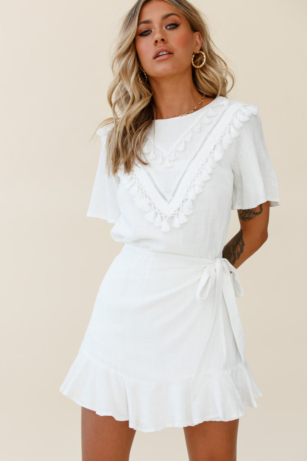 Angelique Tassel Bust Wrap Bottom Dress White by Selfie Leslie