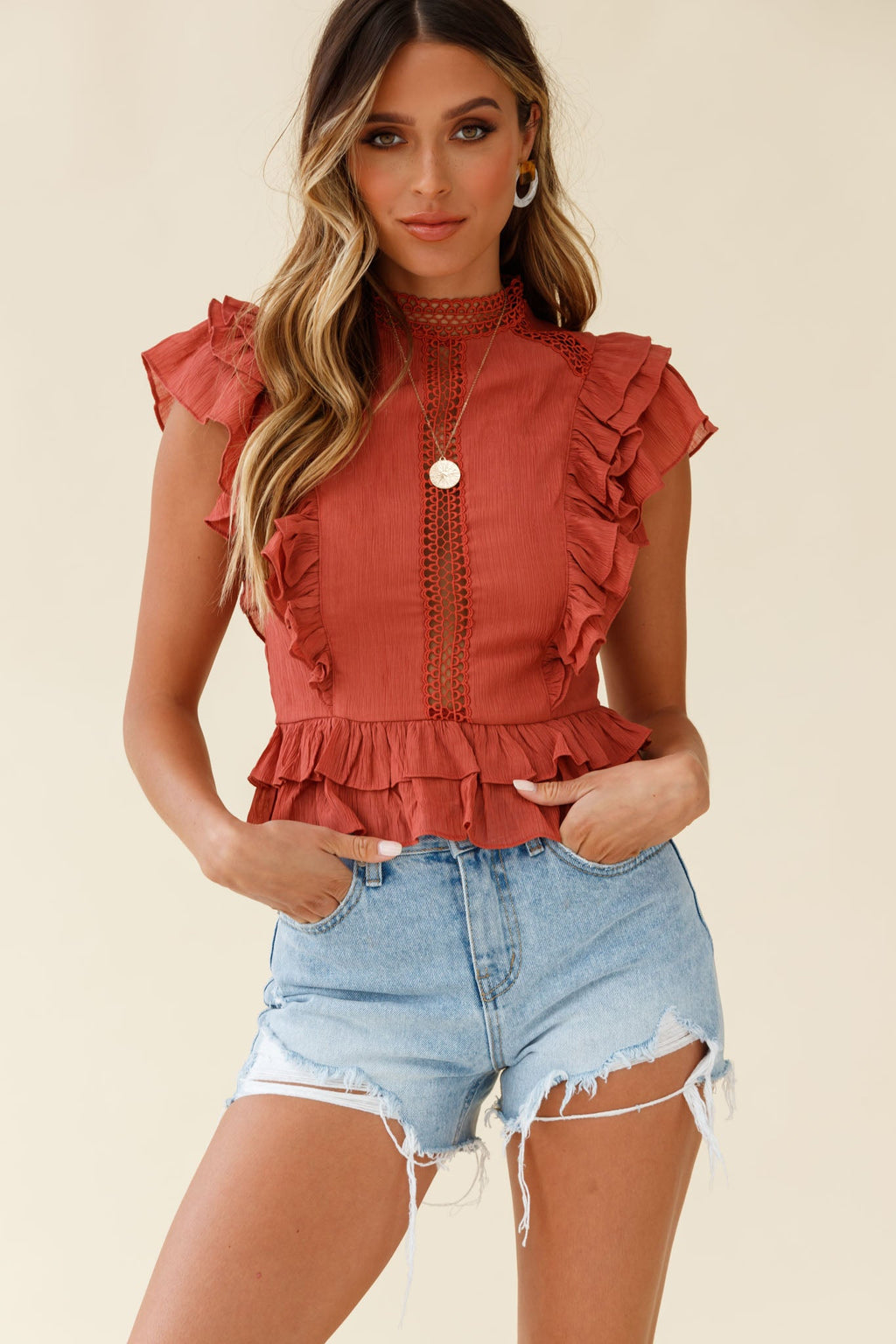 Oakland High Neck Ruffle Detail Top Rust by Selfie Leslie