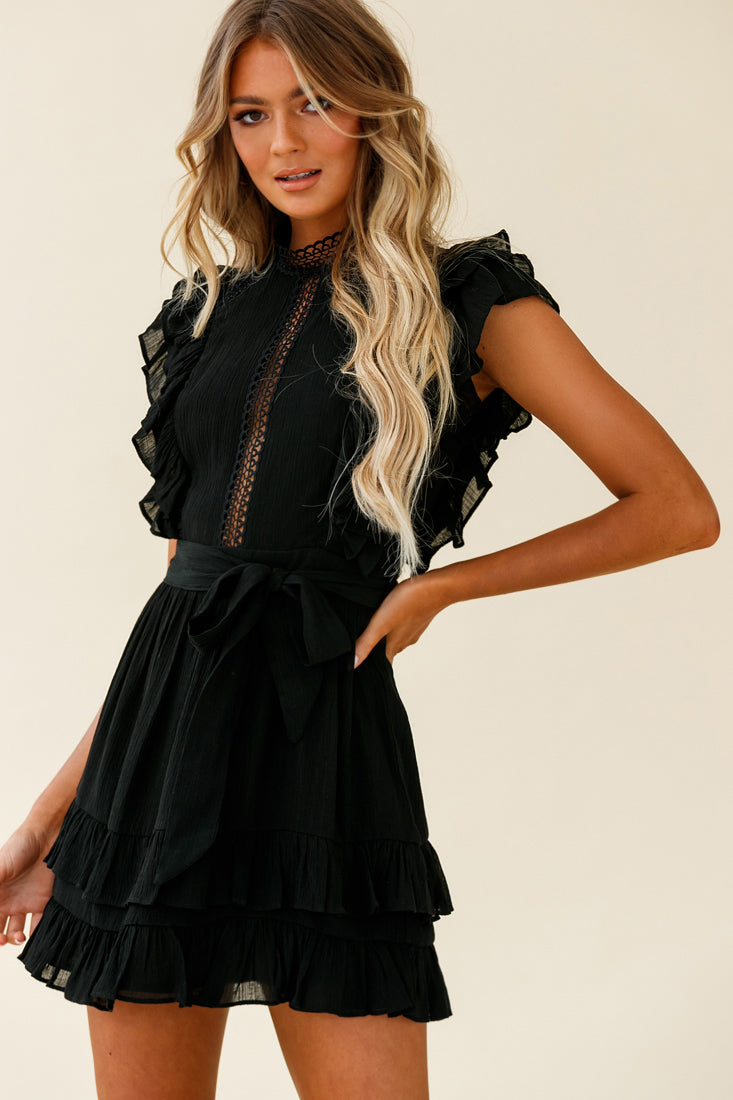 Oakland High Neck Ruffle Detail Dress Black by Selfie Leslie