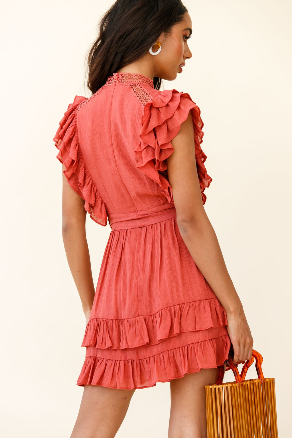 Oakland High Neck Ruffle Detail Dress Rust by Selfie Leslie