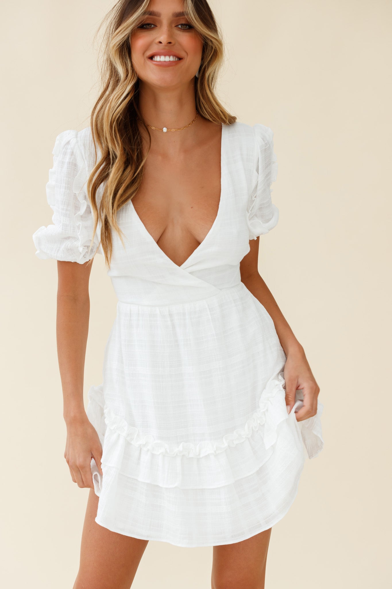 Andes Puff Sleeve Key-Hole Back Dress White by Selfie Leslie