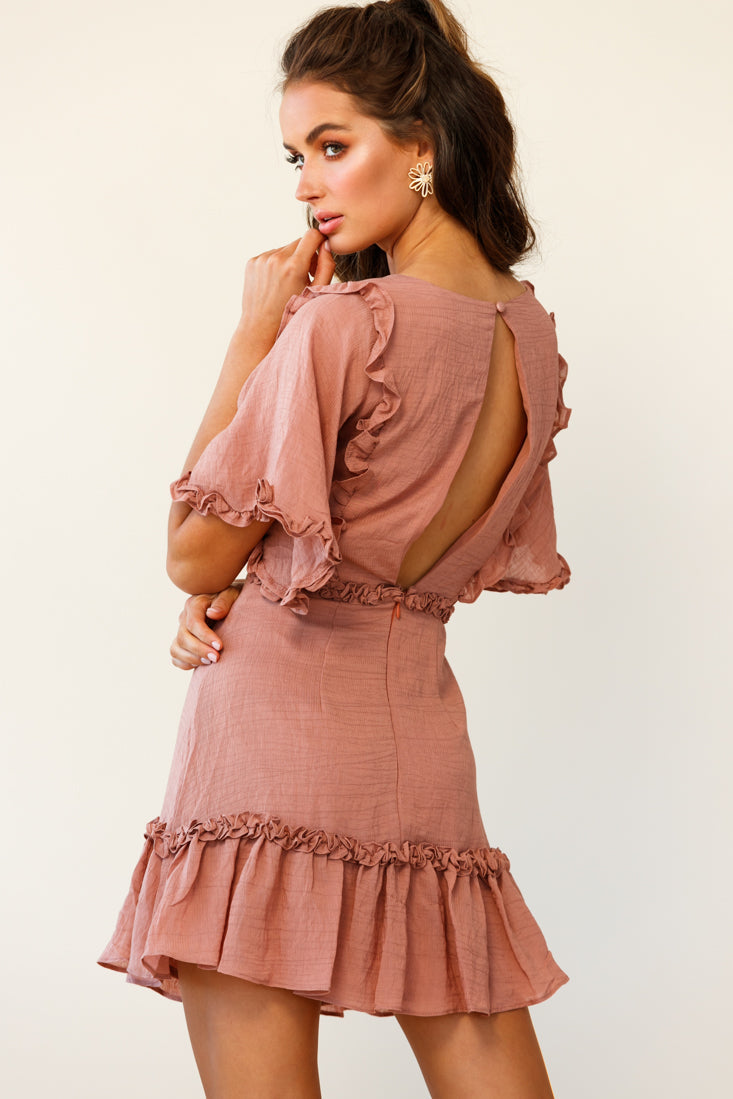 Halo V-neckline Frill Detail Dress Rose by Selfie Leslie