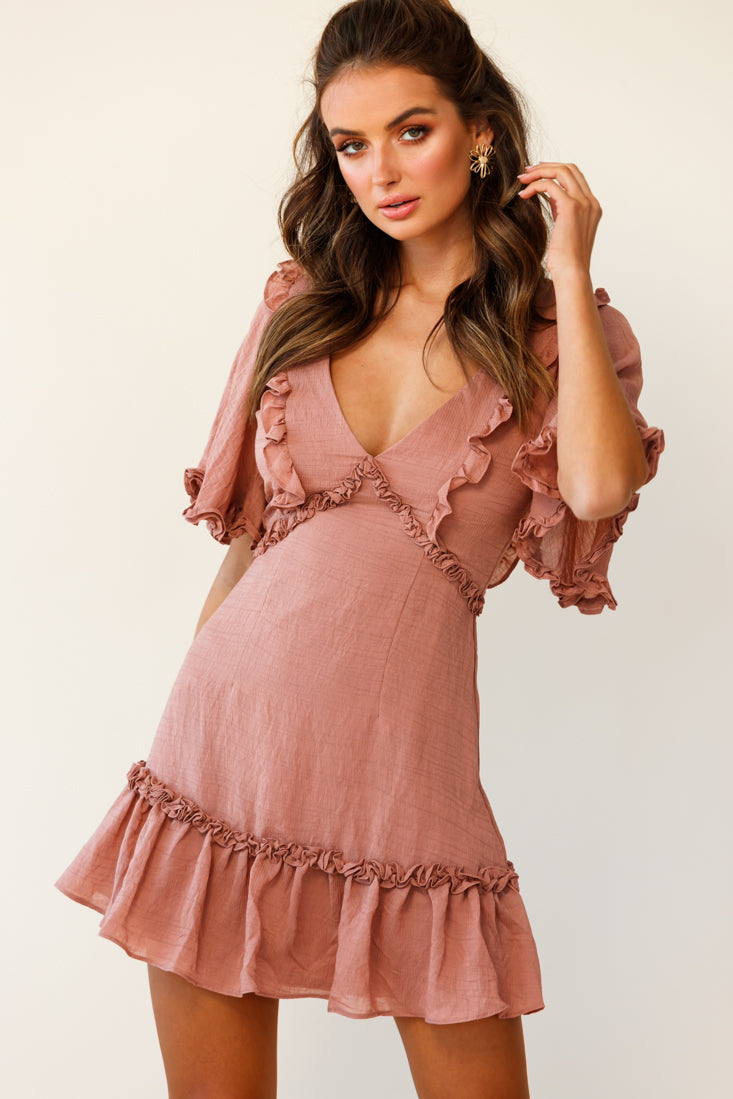 Halo V-neckline Frill Detail Dress Rose by Selfie Leslie
