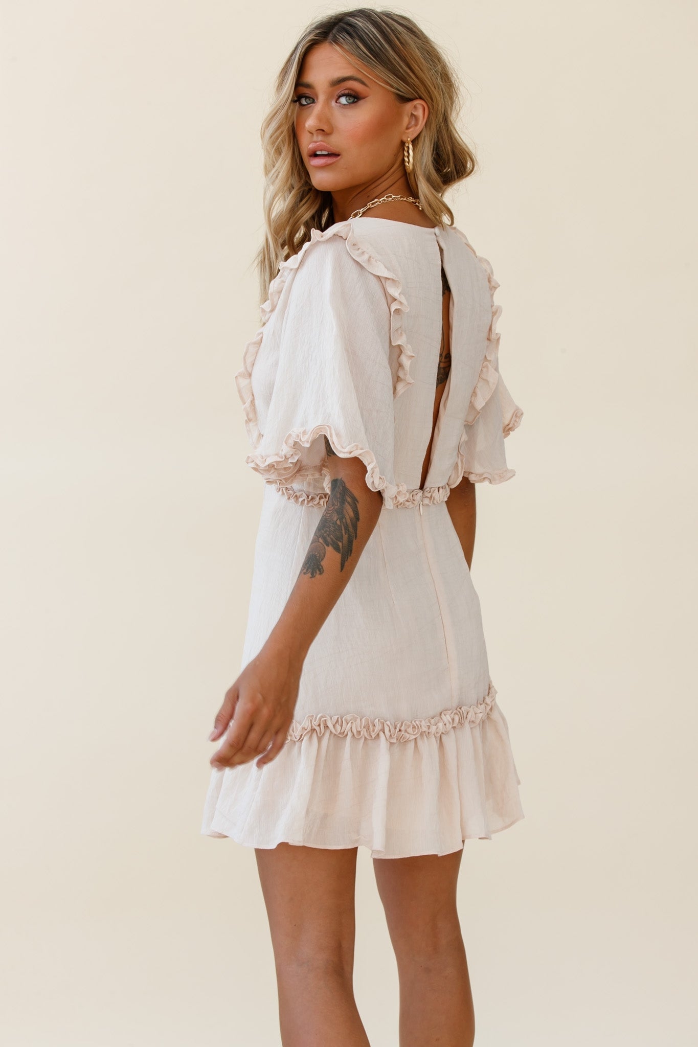Halo V-Neckline Frill Detail Dress Nude by Selfie Leslie