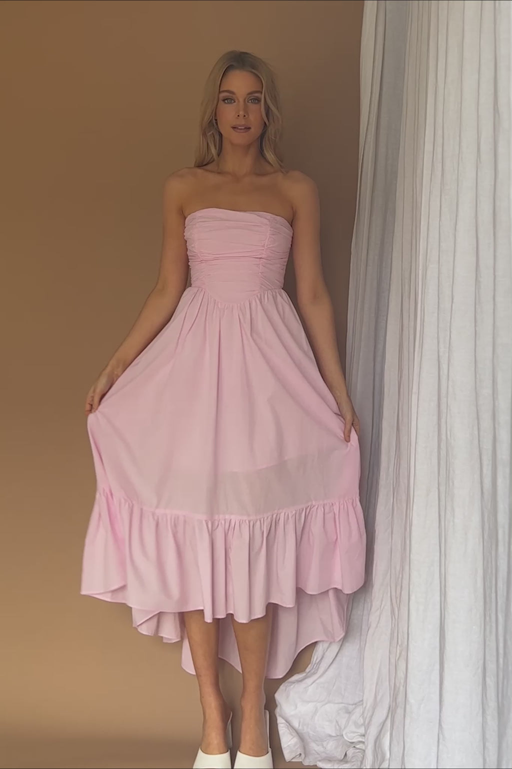 Sunday Mornings Ruched Bust Midi Dress Pink