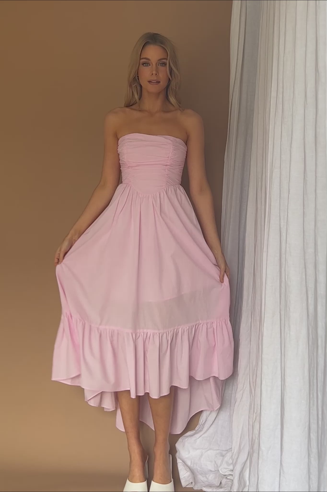 Sunday Mornings Ruched Bust Midi Dress Pink