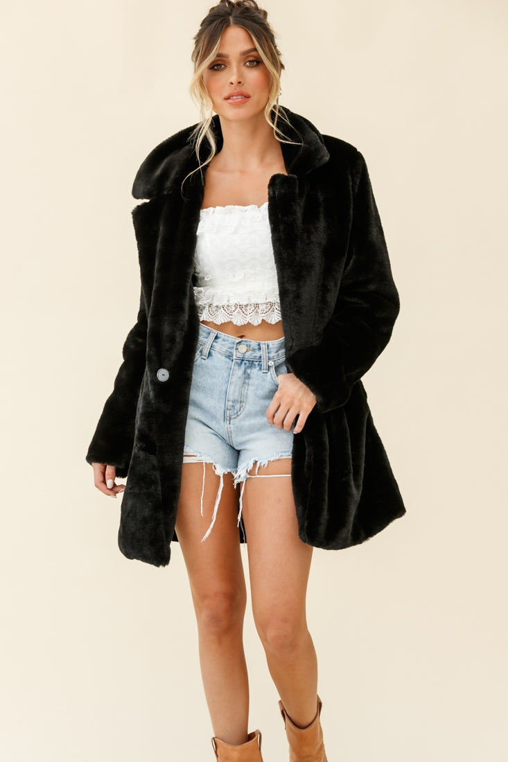 Tahoe Faux Fur Notch Lapel Coat Black by Selfie Leslie
