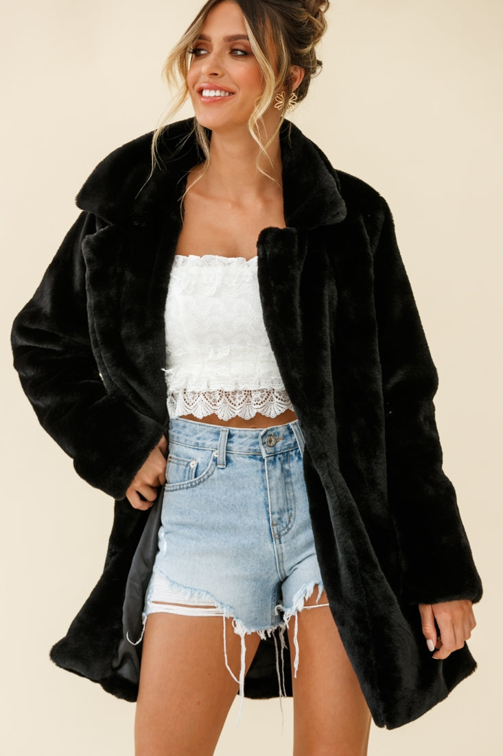 Tahoe Faux Fur Notch Lapel Coat Black by Selfie Leslie