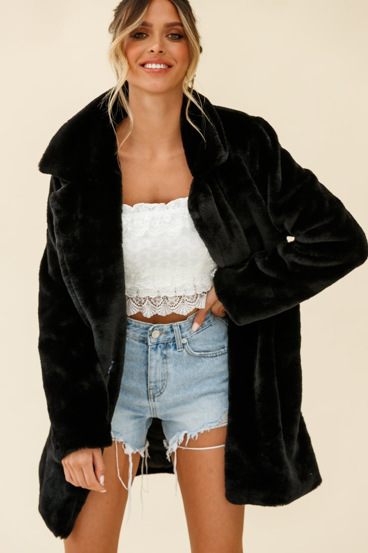 Tahoe Faux Fur Notch Lapel Coat Black by Selfie Leslie