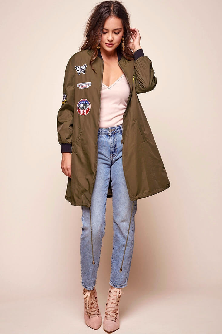 Harlan Patchwork Bomber Army Green Khaki by Selfie Leslie