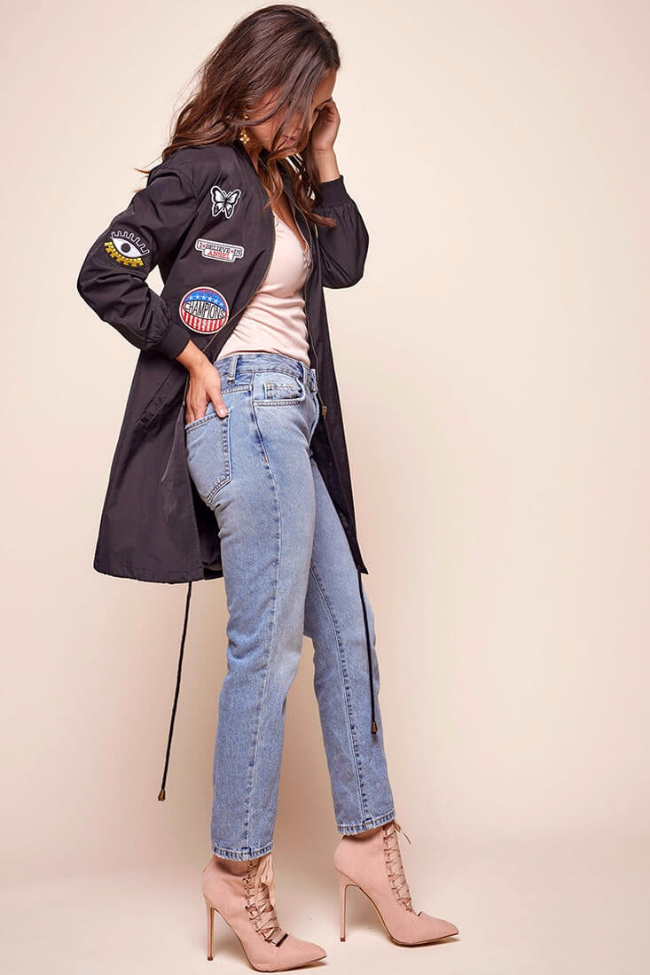 Harlan Long Patchwork Bomber Jacket Black by Selfie Leslie