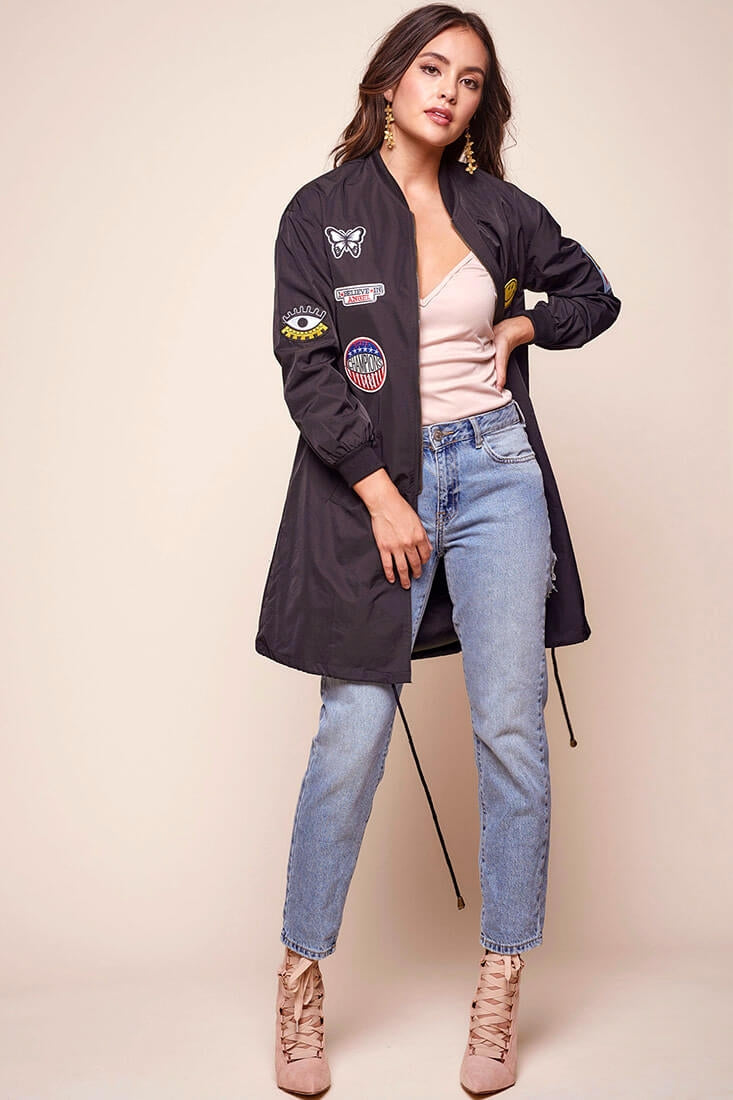 Harlan Long Patchwork Bomber Jacket Black by Selfie Leslie