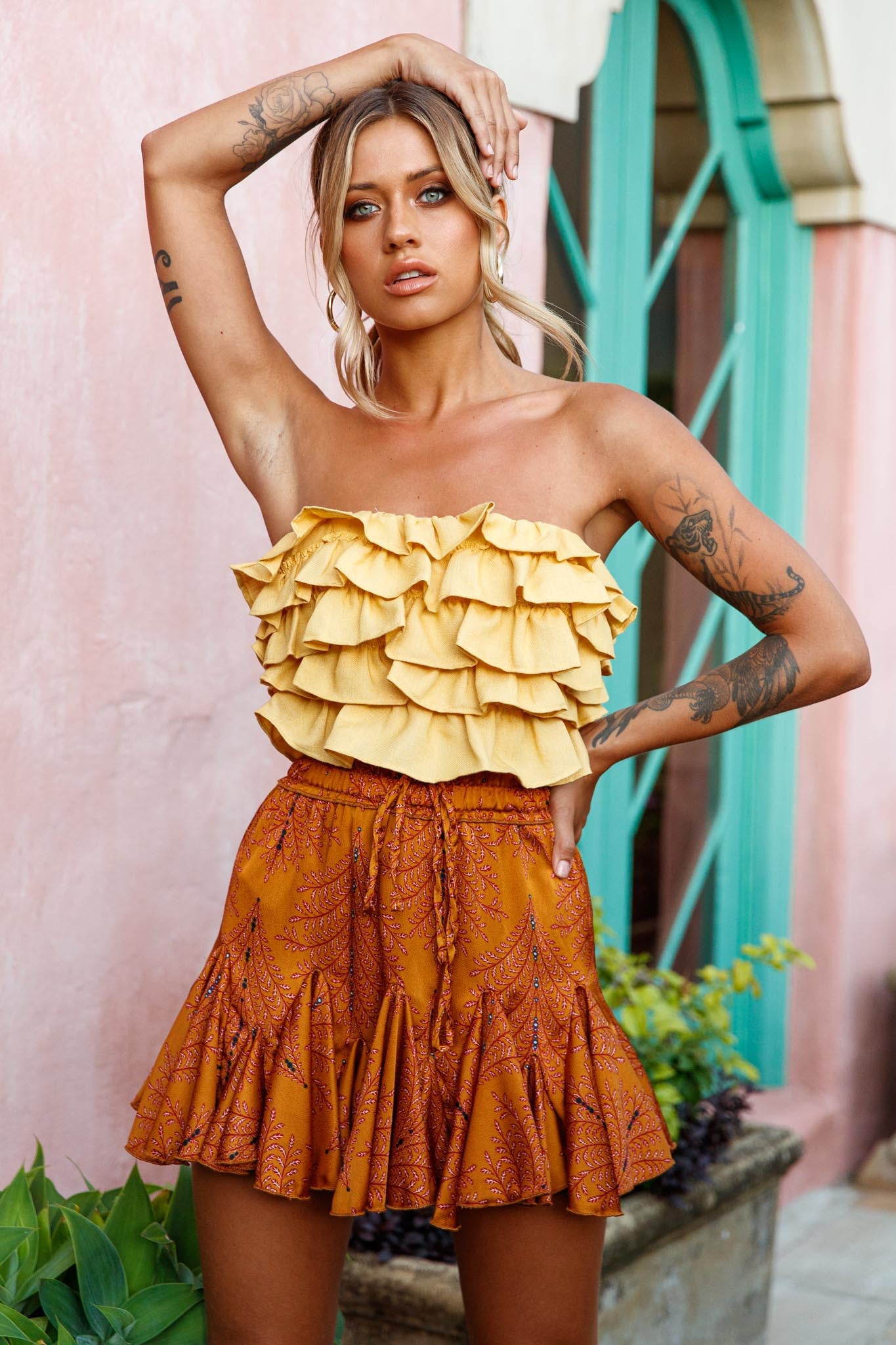 Robyn Flounce Mini Skirt Leaf Pattern Mustard by Selfie Leslie