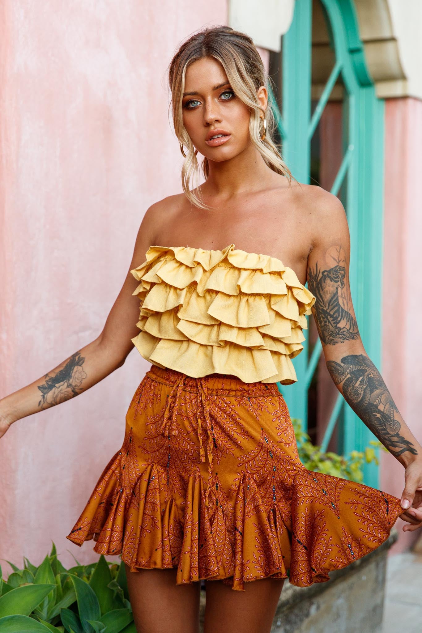 Robyn Flounce Mini Skirt Leaf Pattern Mustard by Selfie Leslie