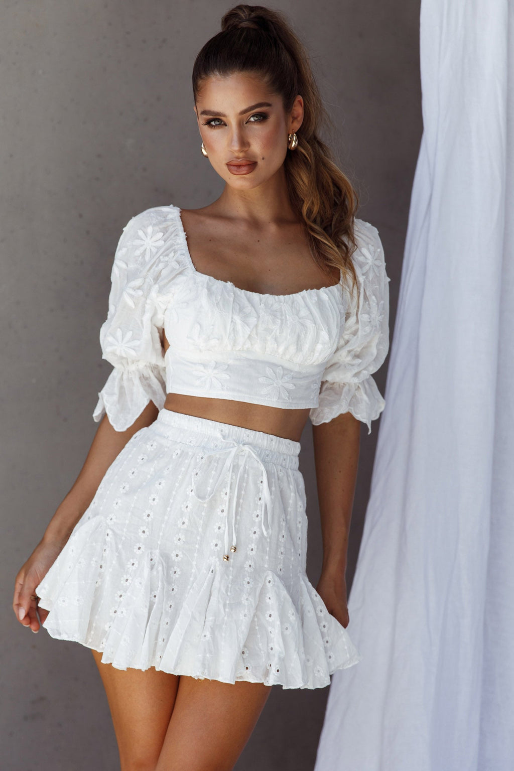 Robyn Flounce Mini Skirt Eyelet White by Selfie Leslie